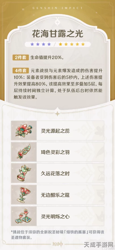 原神花海甘露之光圣遗物效果全揭秘，增强角色战斗力的不二之选